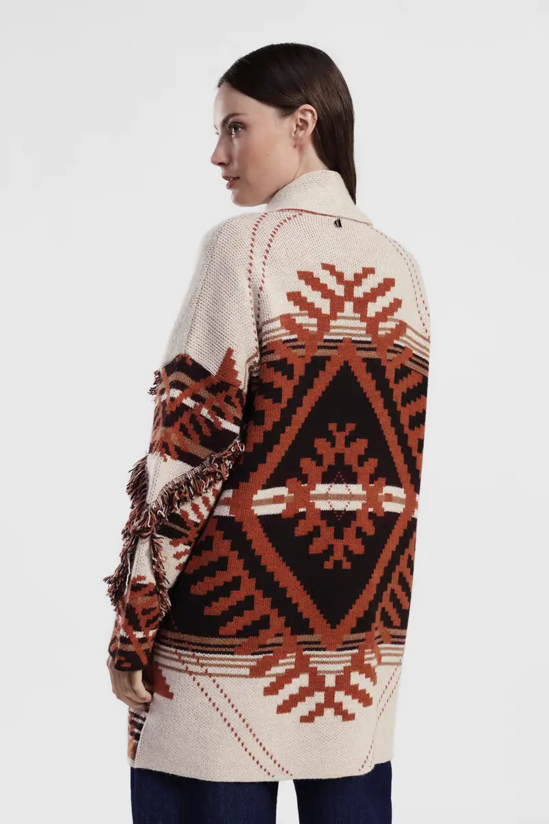 Cappotto fantasia geometrica con frange e bottoni miniatura 3