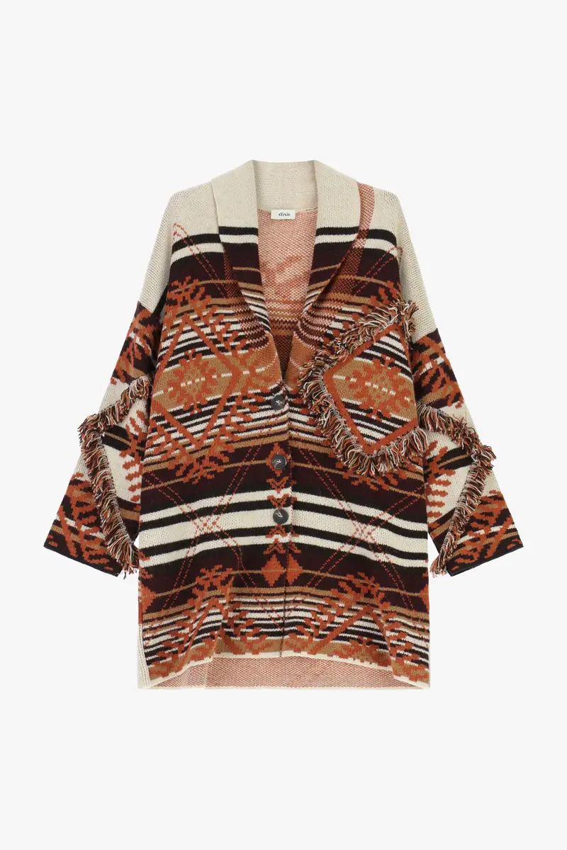 Cappotto fantasia geometrica con frange e bottoni