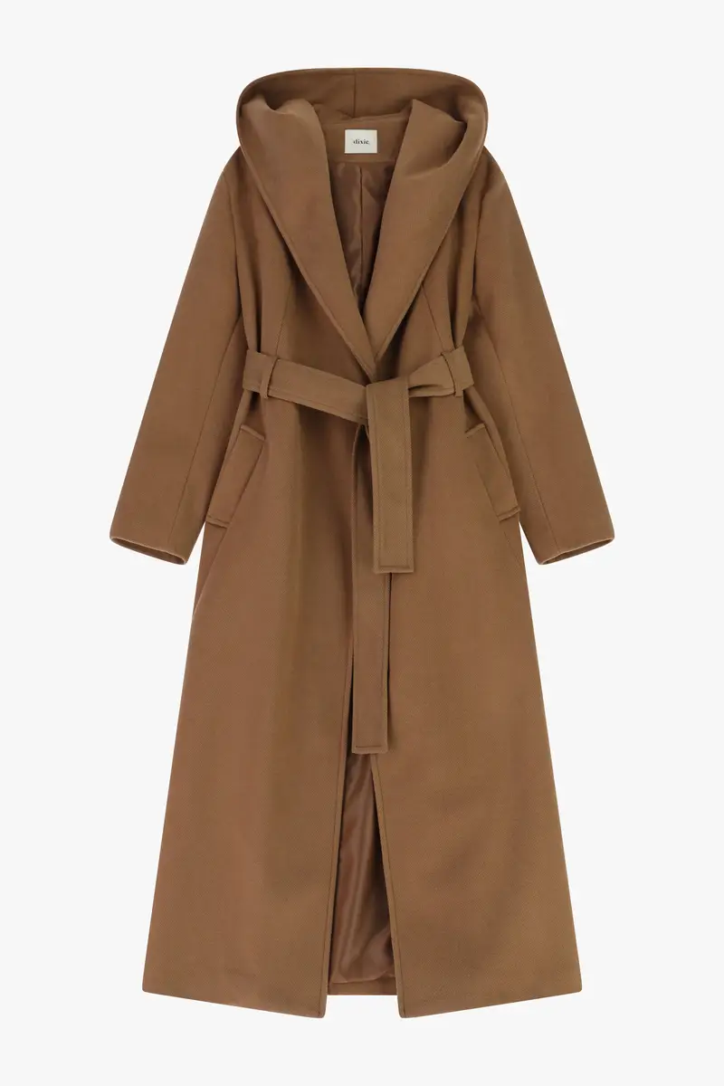 Cappotto lungo con cappuccio e cintura