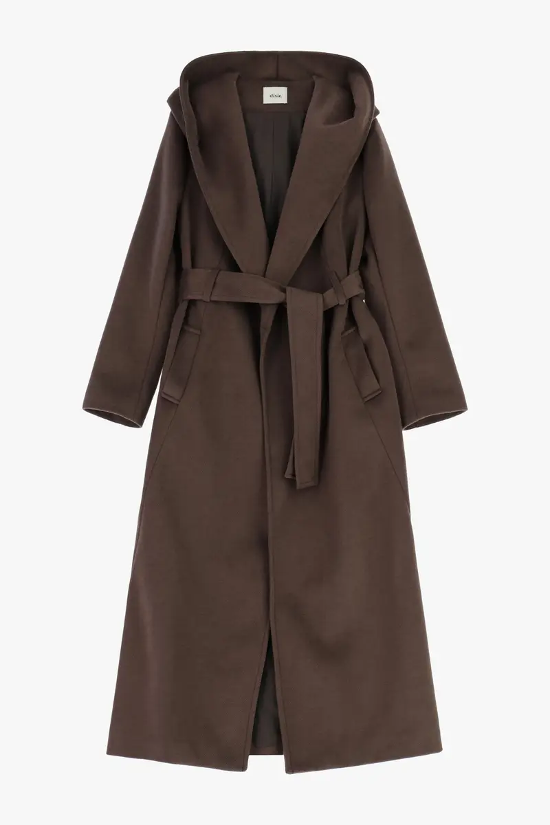 Cappotto lungo con cappuccio e cintura