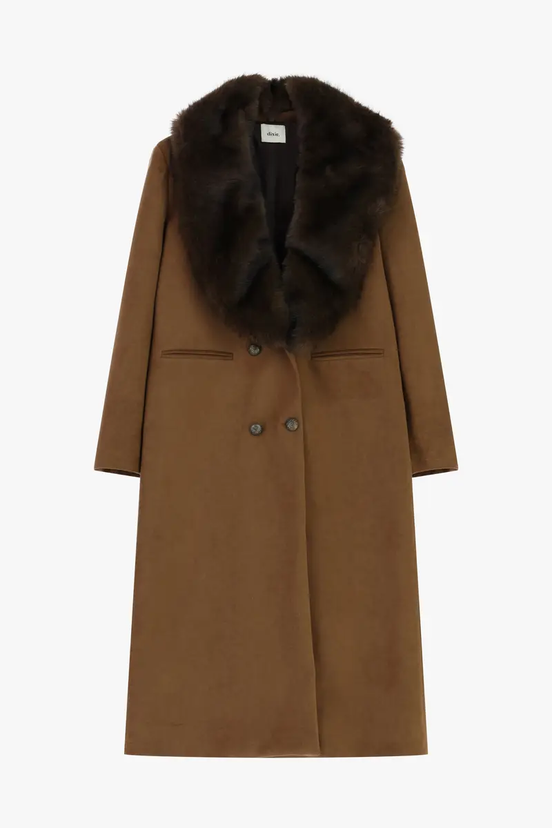 Cappotto lungo con collo in pelliccia e doppi bottoni