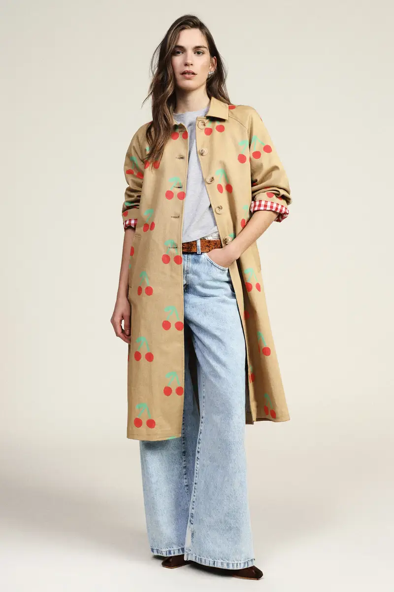 Cappotto lungo stampa ciliegie bottoni visibili miniatura 2