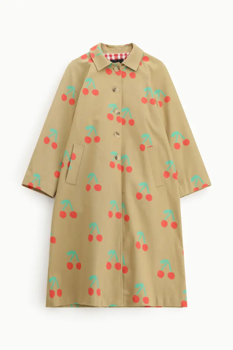 Cappotto lungo stampa ciliegie bottoni visibili