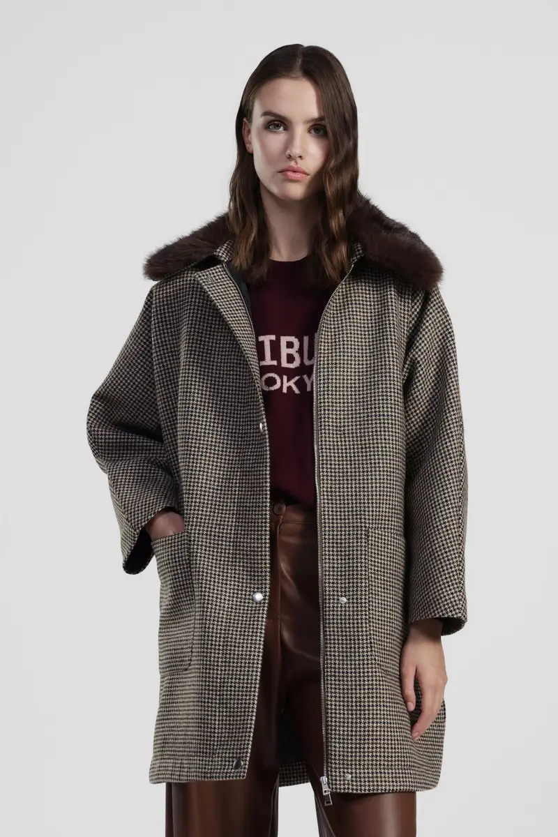 Cappotto stampa pied de poule con collo ampio miniatura 2