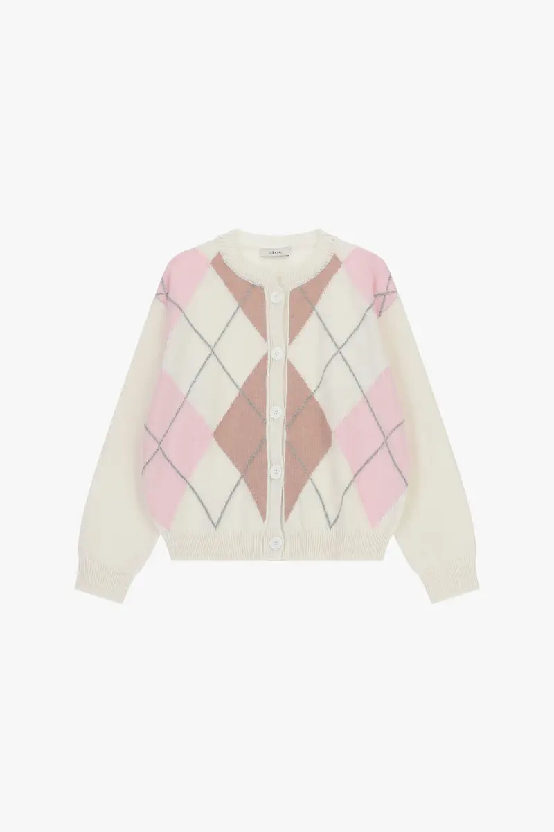 Cardigan con bottoni motivo rombi e collo tondo