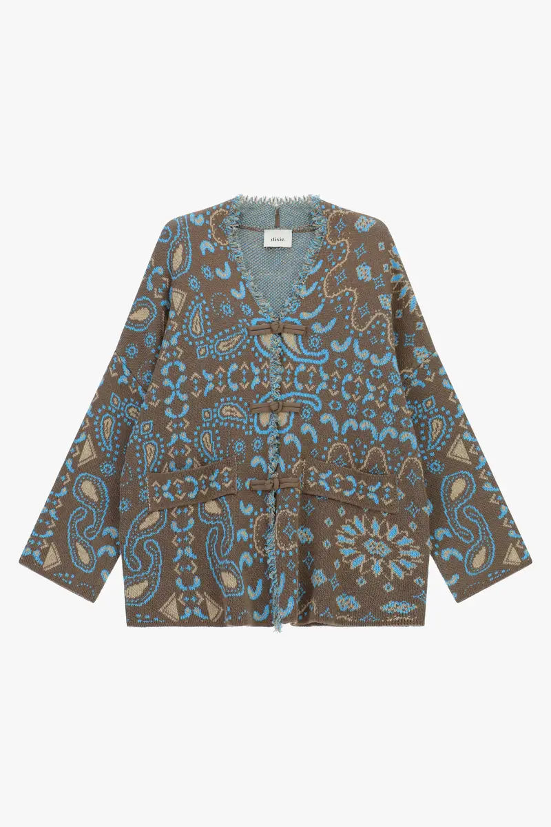Cardigan lungo fantasia etnica con chiusura alamari