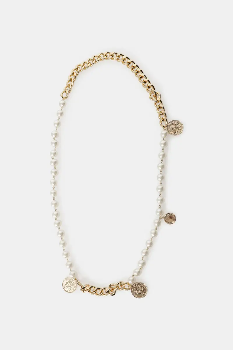 Cintura con catena, perle e pendenti moneta