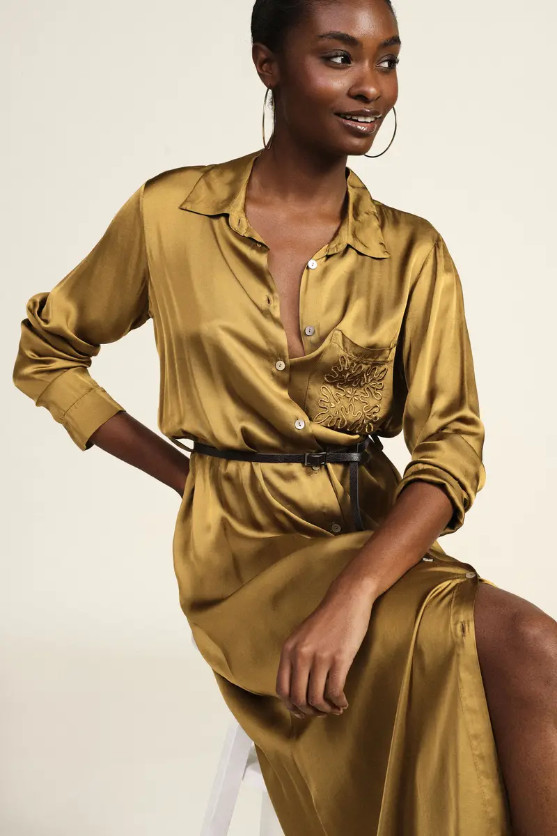 Dress lungo con cintura e taschino ricamato miniatura 2