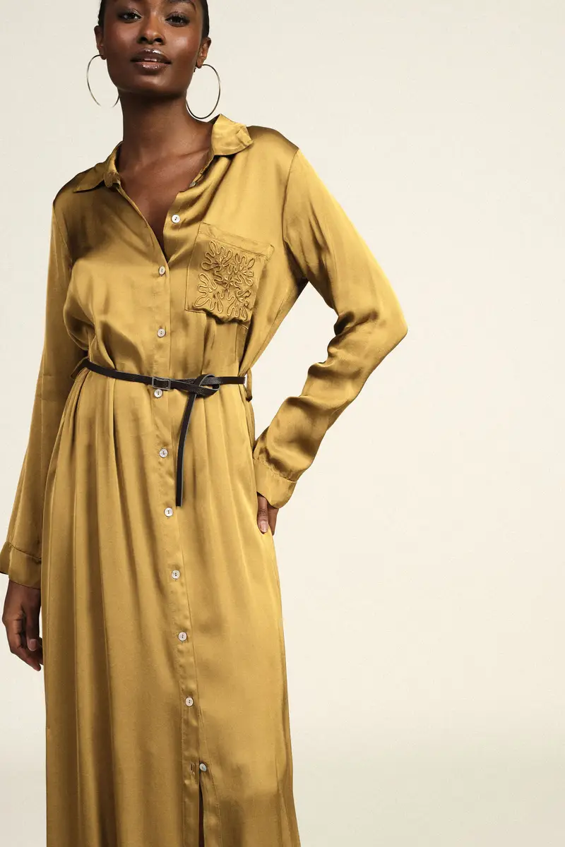 Dress lungo con cintura e taschino ricamato miniatura 4