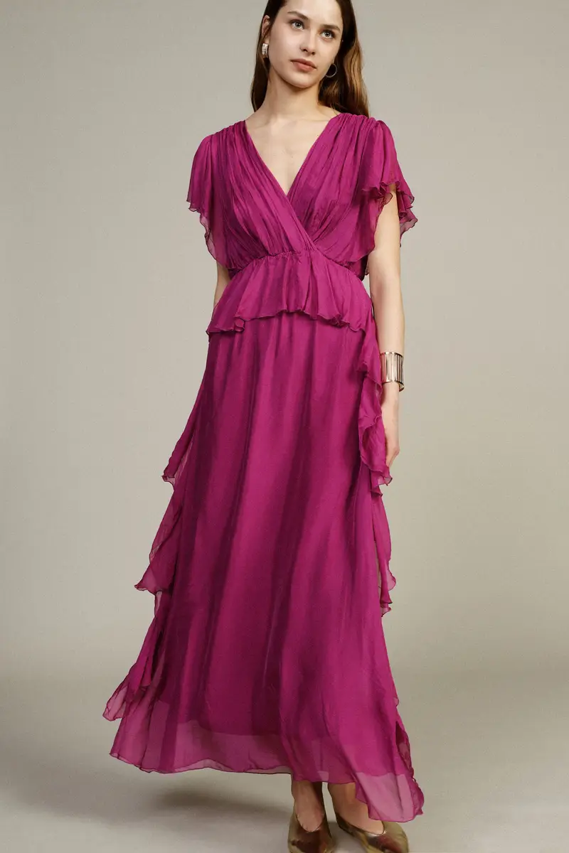 Dress lungo con volant e scollo a v miniatura 2