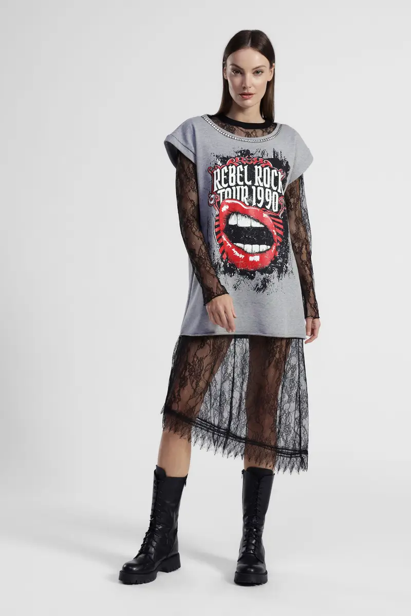 Dress stampa rock e pizzo trasparente miniatura 2