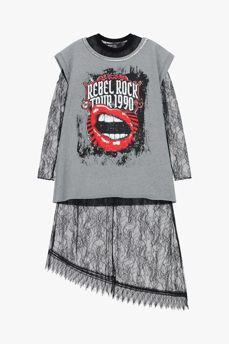 Dress stampa rock e pizzo trasparente