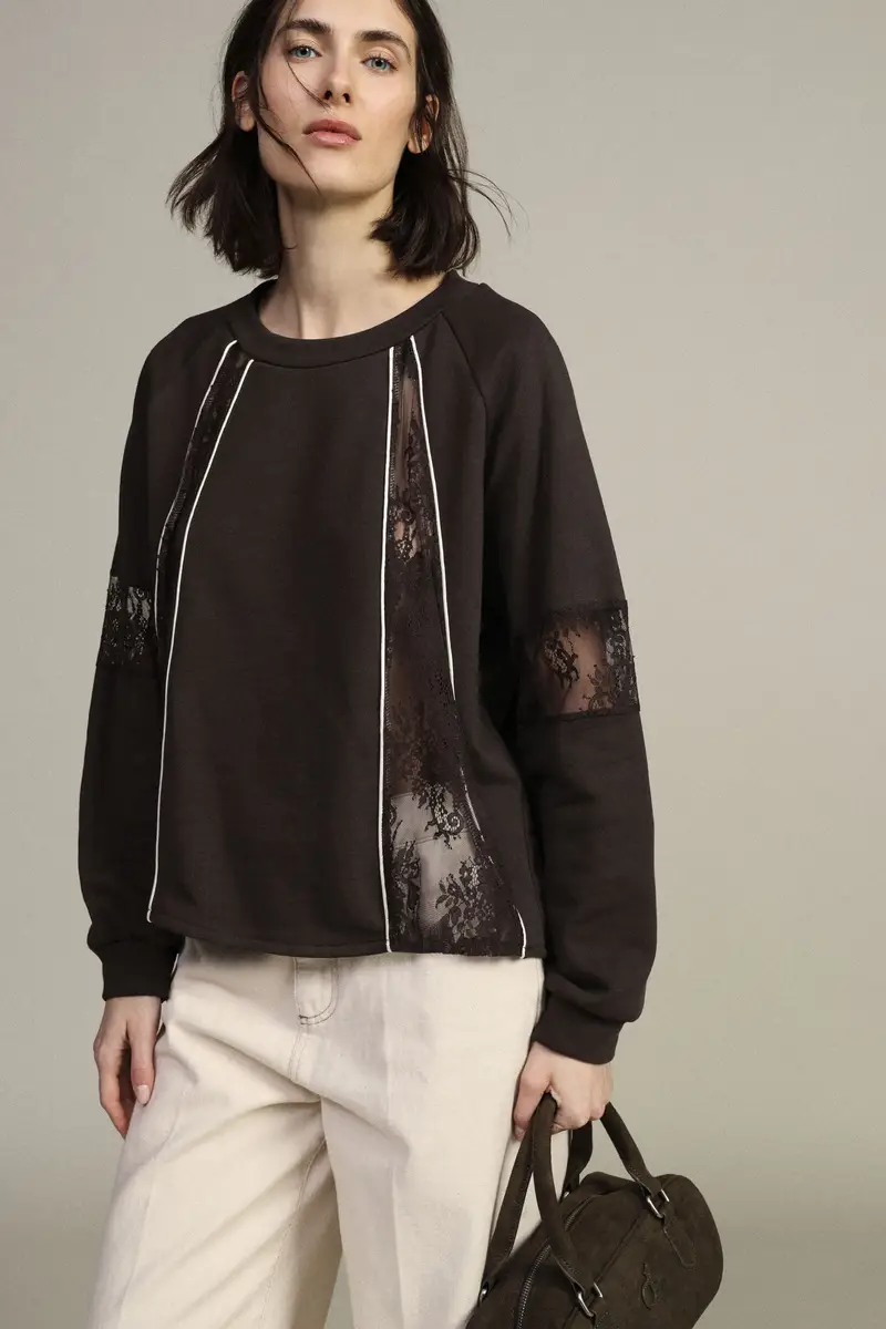 Felpa girocollo con inserti in pizzo e profili