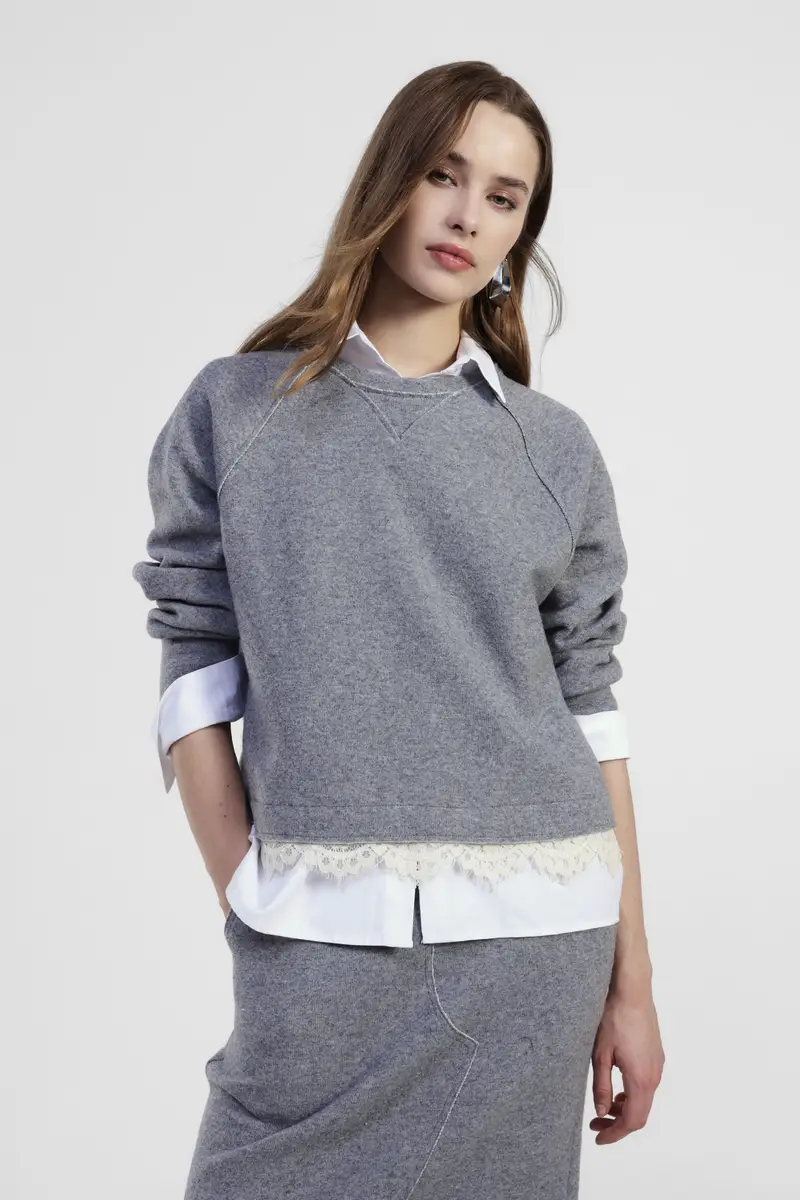 Felpa girocollo con orlo in pizzo a contrasto