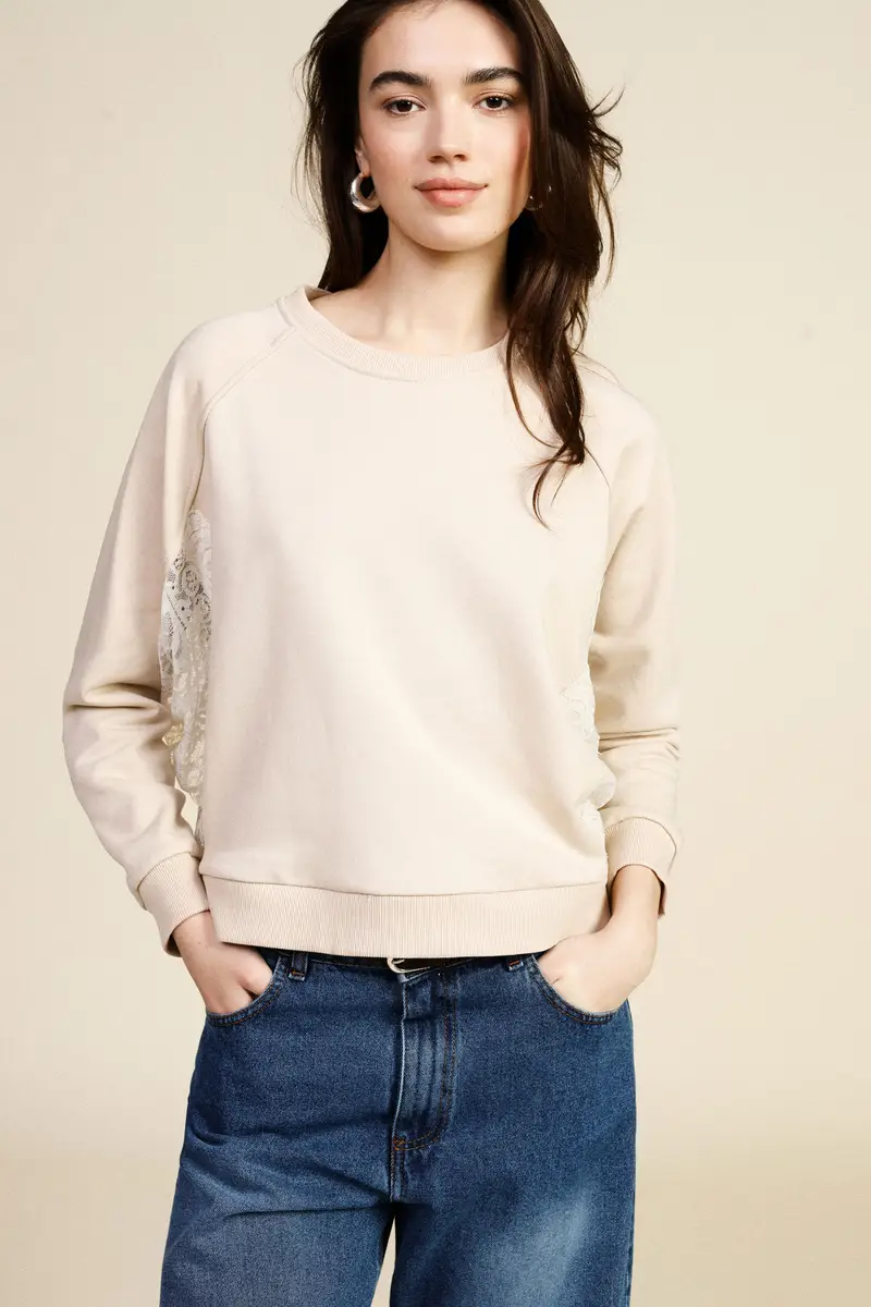 Felpa girocollo dettagli pizzo laterali