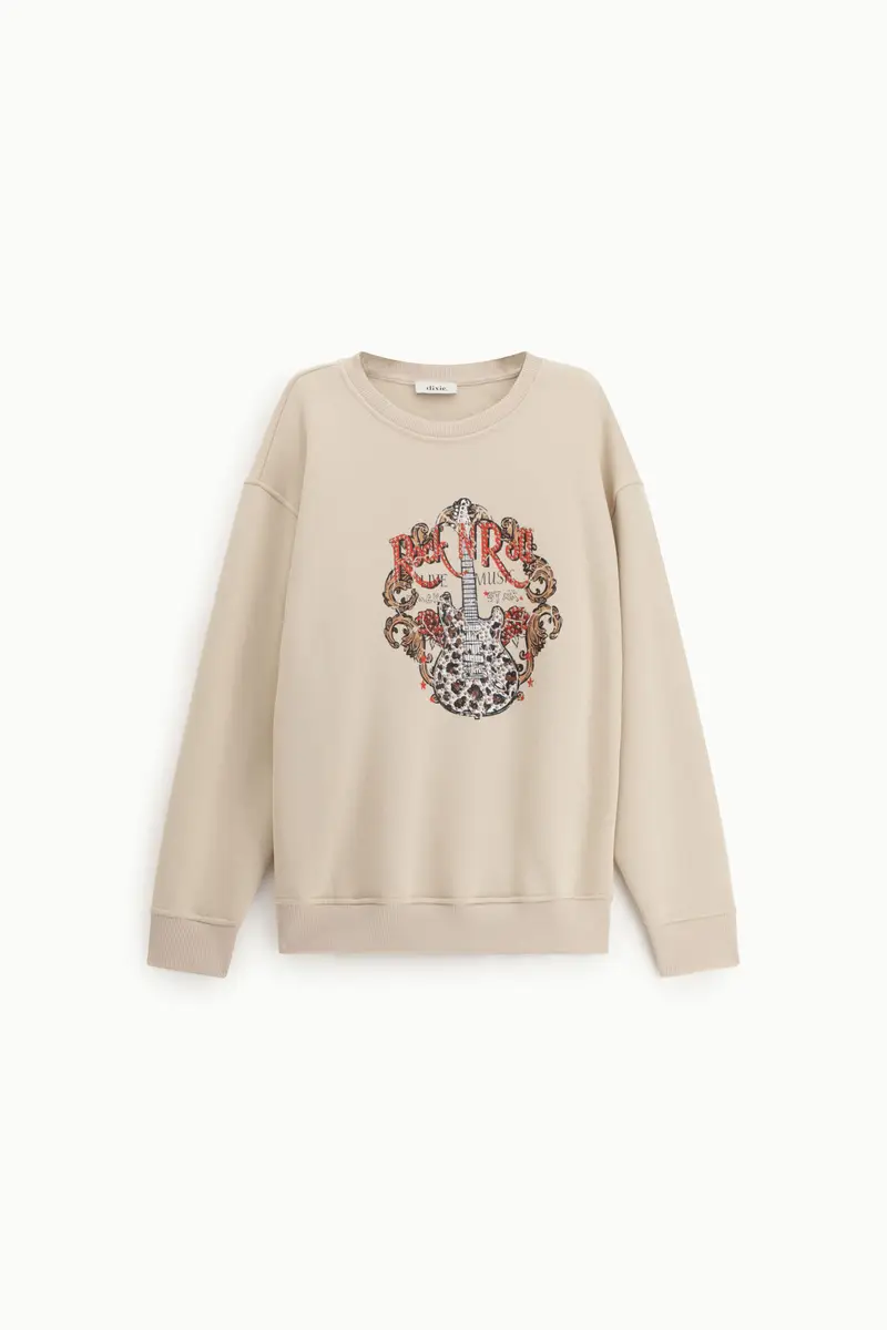 Felpa girocollo stampa chitarra e borchie