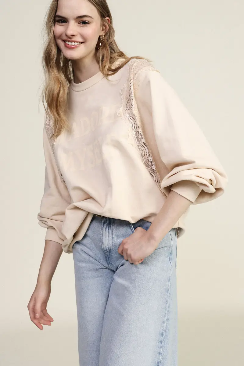 Felpa girocollo stampa j adore inserti pizzo