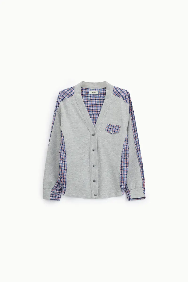 Felpa senza cappuccio con inserti a quadri e bottoni