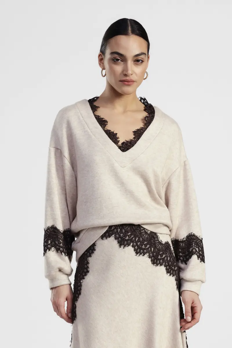 Felpa senza cappuccio con scollo a v e inserti in pizzo