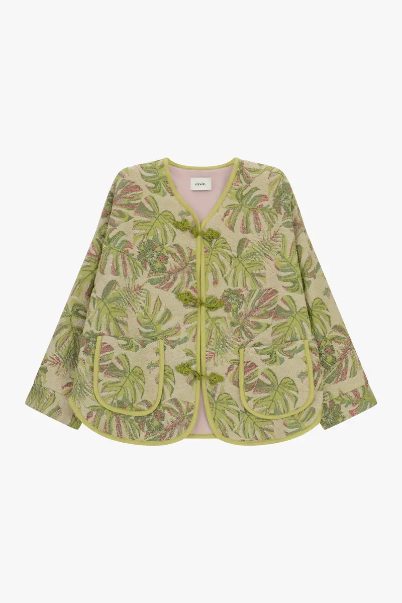 Giacca trapuntata stampa foglie tasche applicate