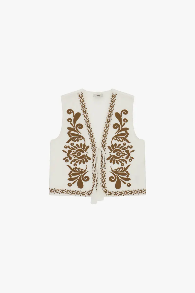 Gilet smanicato con ricamo floreale e nappine