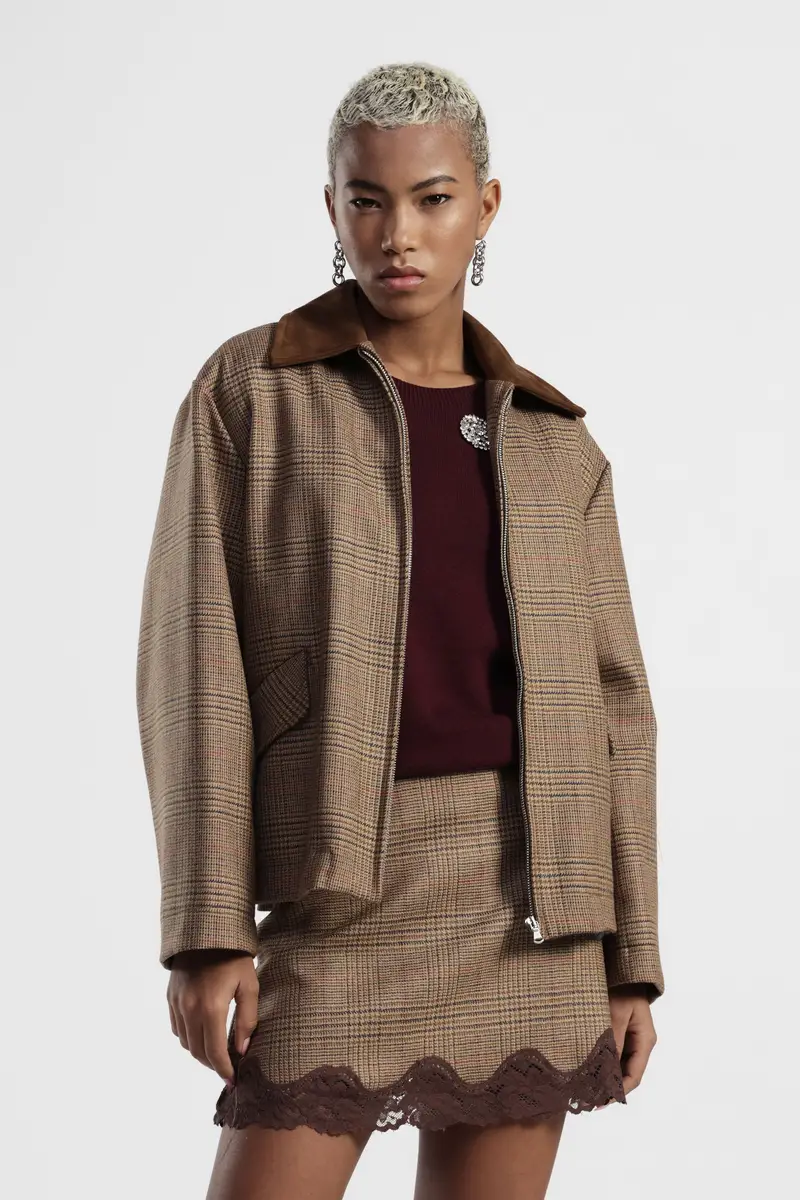 Giubbotto corto a quadri con colletto effetto suede miniatura 2