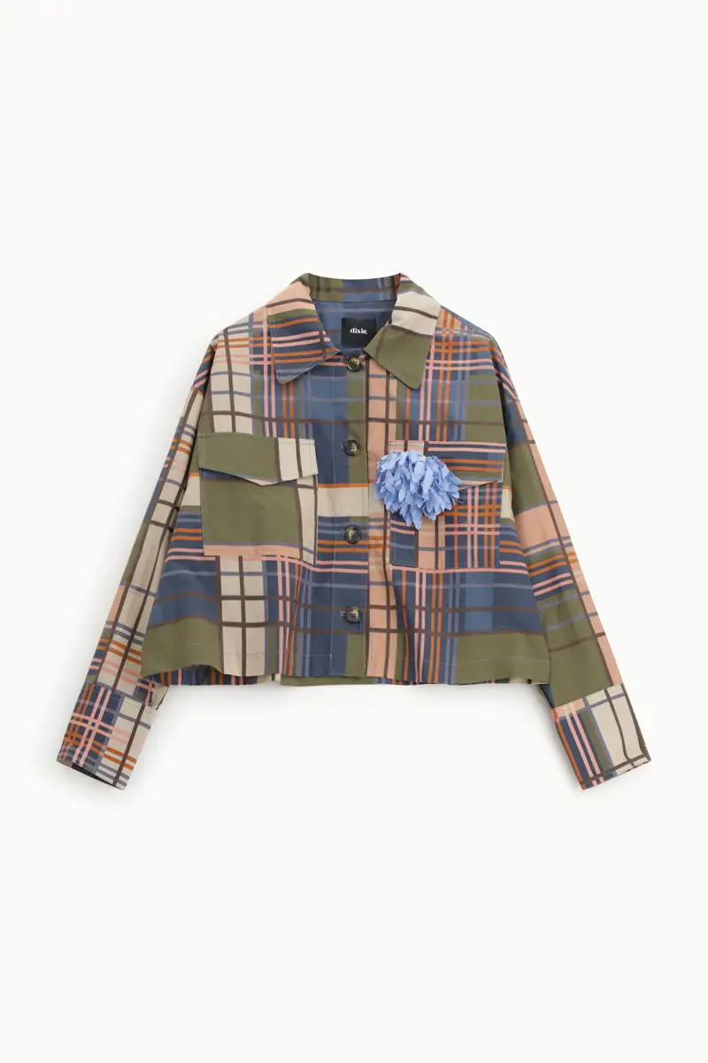 Giubbotto corto fantasia a quadri tasche applicate