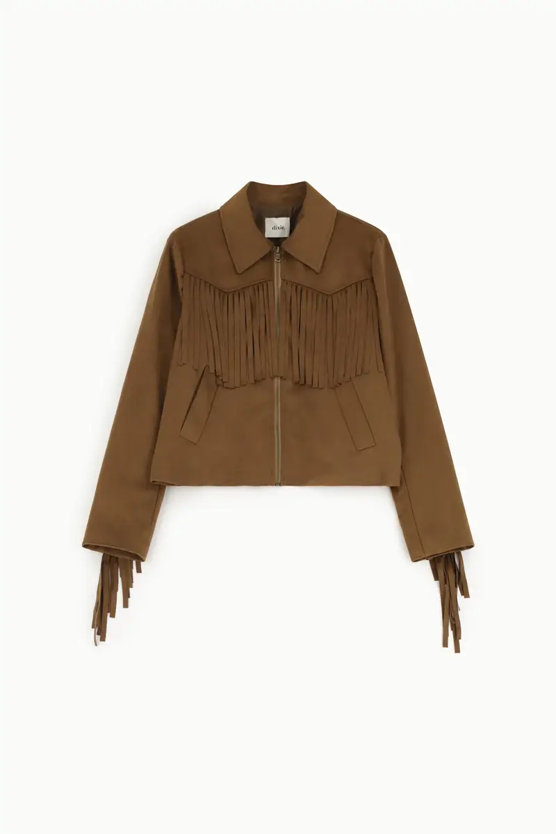 Giubbotto effetto suede con frange, zip frontale e tasche