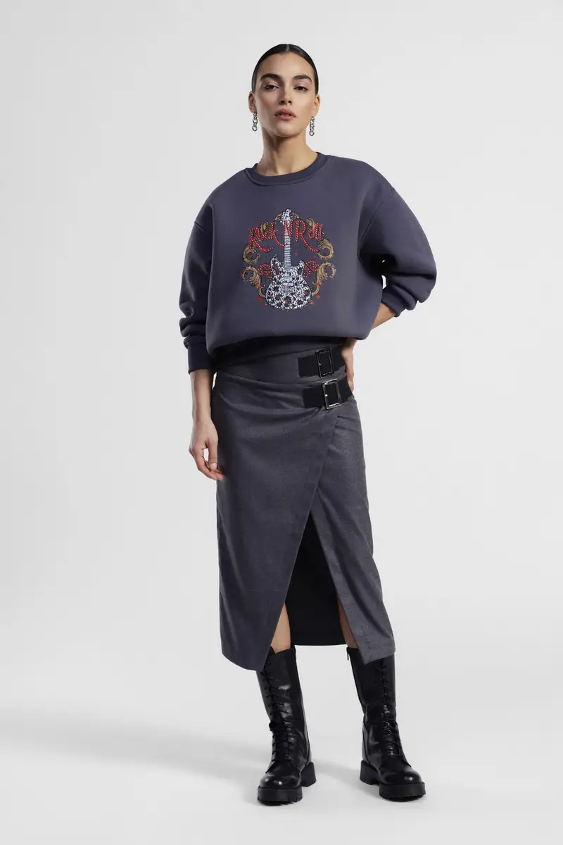 Gonna a portafoglio con doppia fibbia, lunghezza media miniatura 2