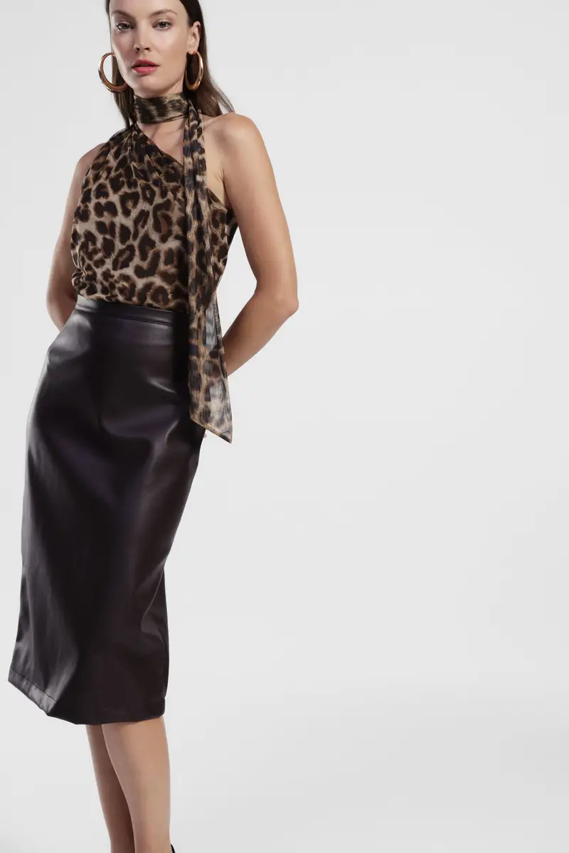 Gonna a tubino midi vita alta con spacco posteriore miniatura 2