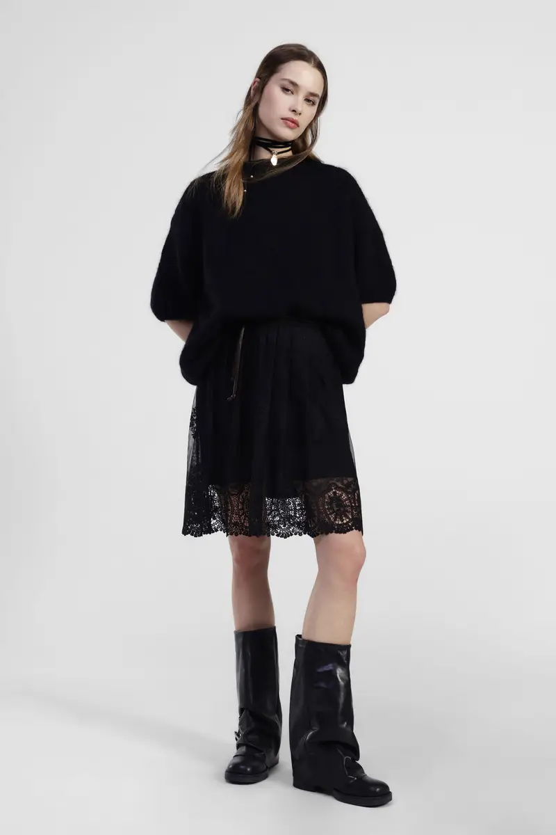 Gonna a vita alta con cintura e bordo in pizzo miniatura 2