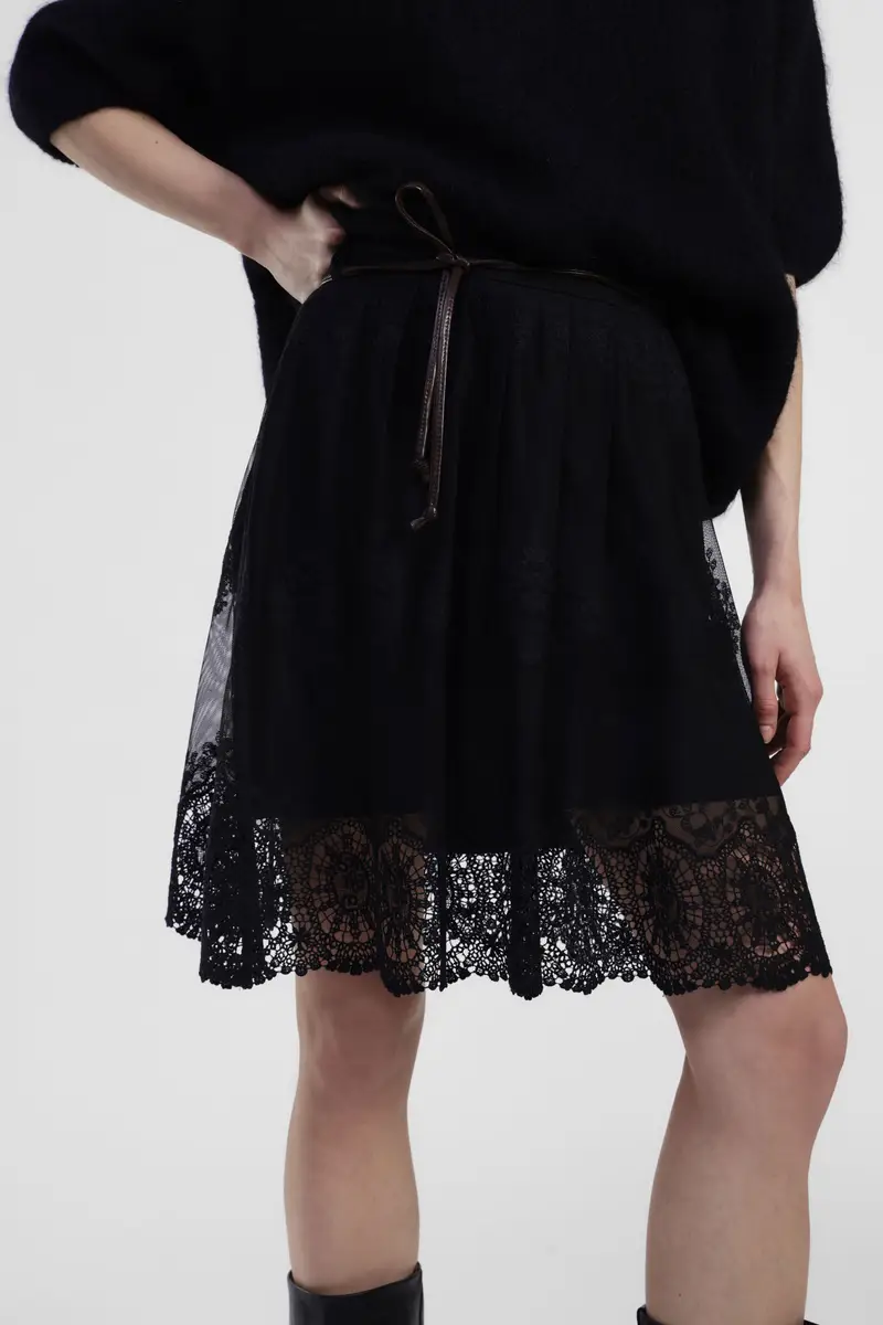 Gonna a vita alta con cintura e bordo in pizzo miniatura 4