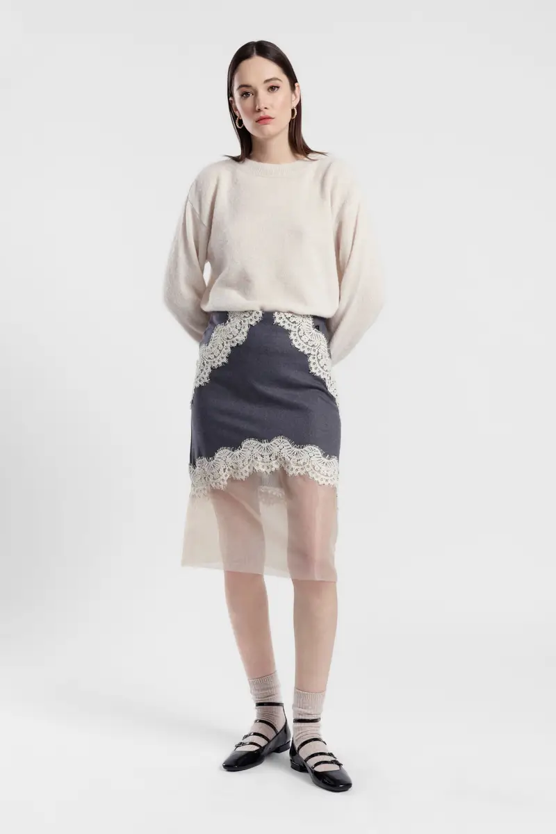 Gonna a vita alta con inserti in pizzo e tulle miniatura 2