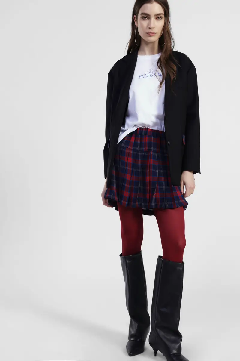 Gonna corta a pieghe fantasia scozzese vita alta miniatura 2