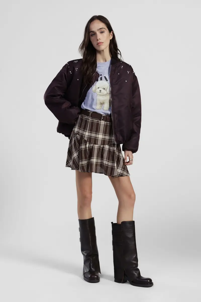 Gonna corta a quadri con cintura e volant miniatura 2