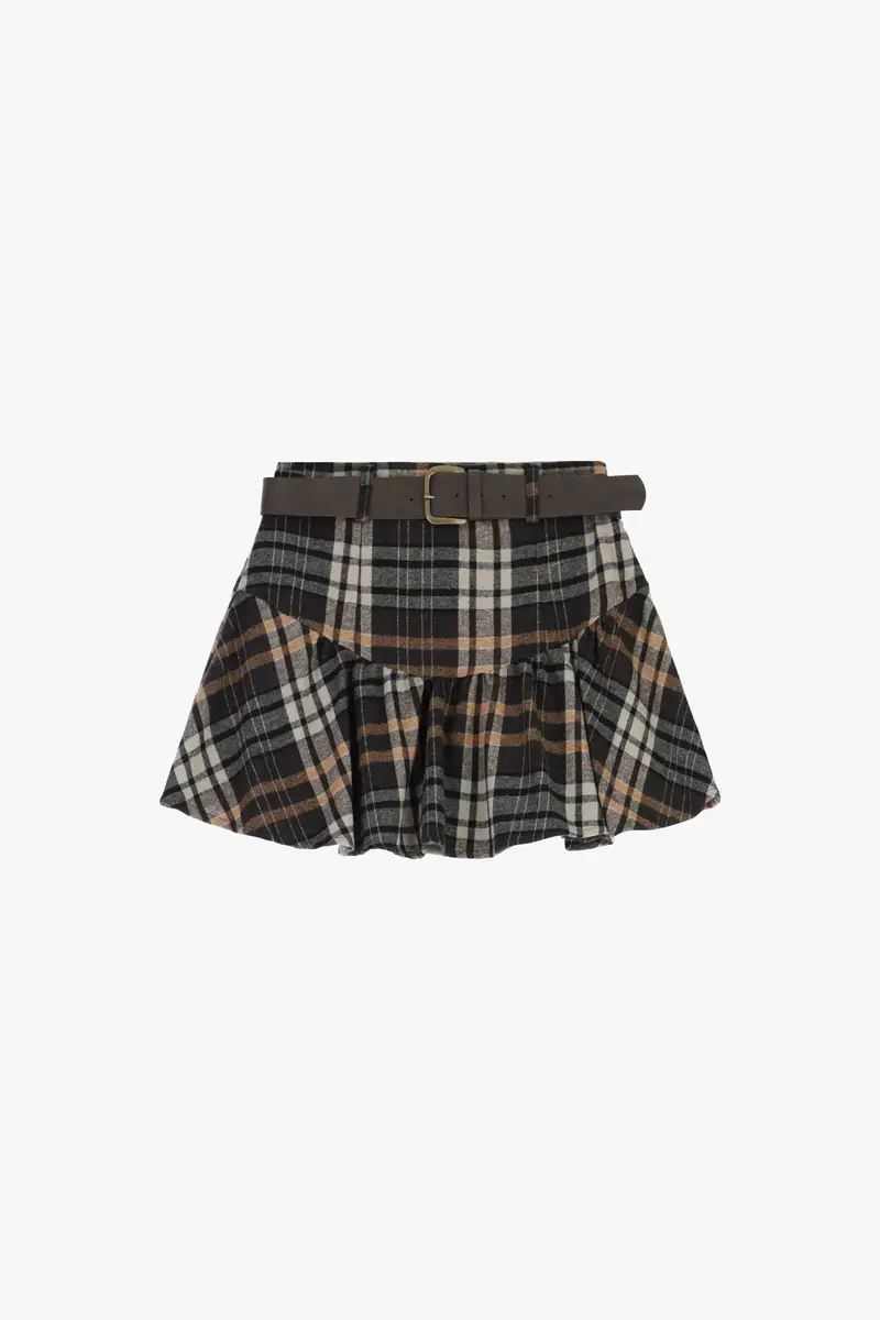 Gonna corta a quadri con cintura e volant