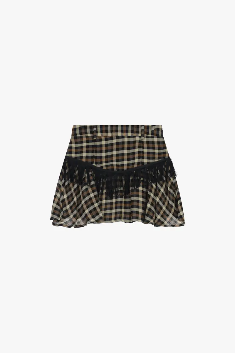 Gonna corta a quadri con frange e vita media