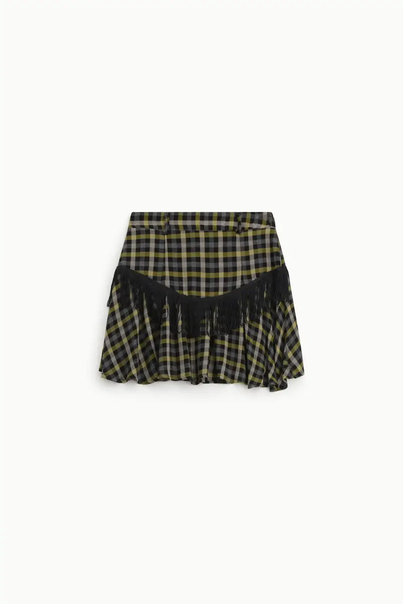 Gonna corta a quadri con frange e vita media