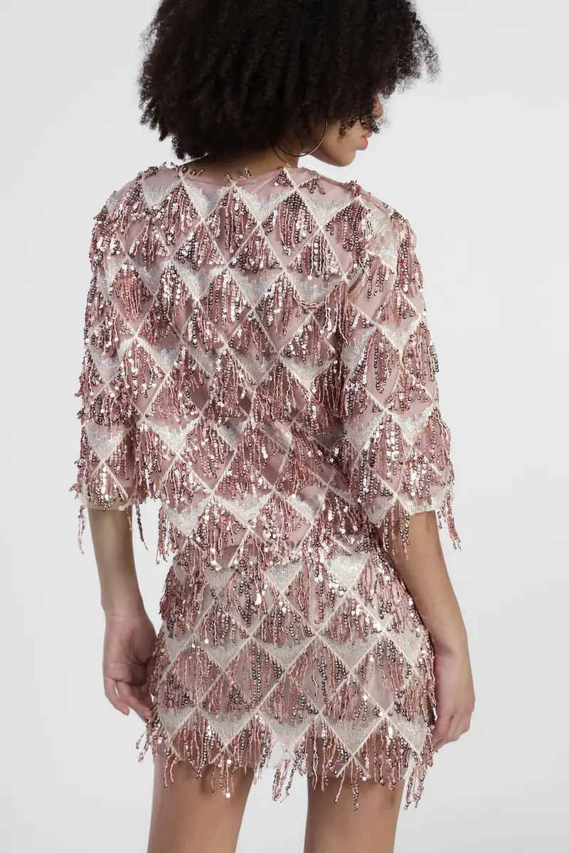 Gonna corta a vita alta con frange e paillettes miniatura 3