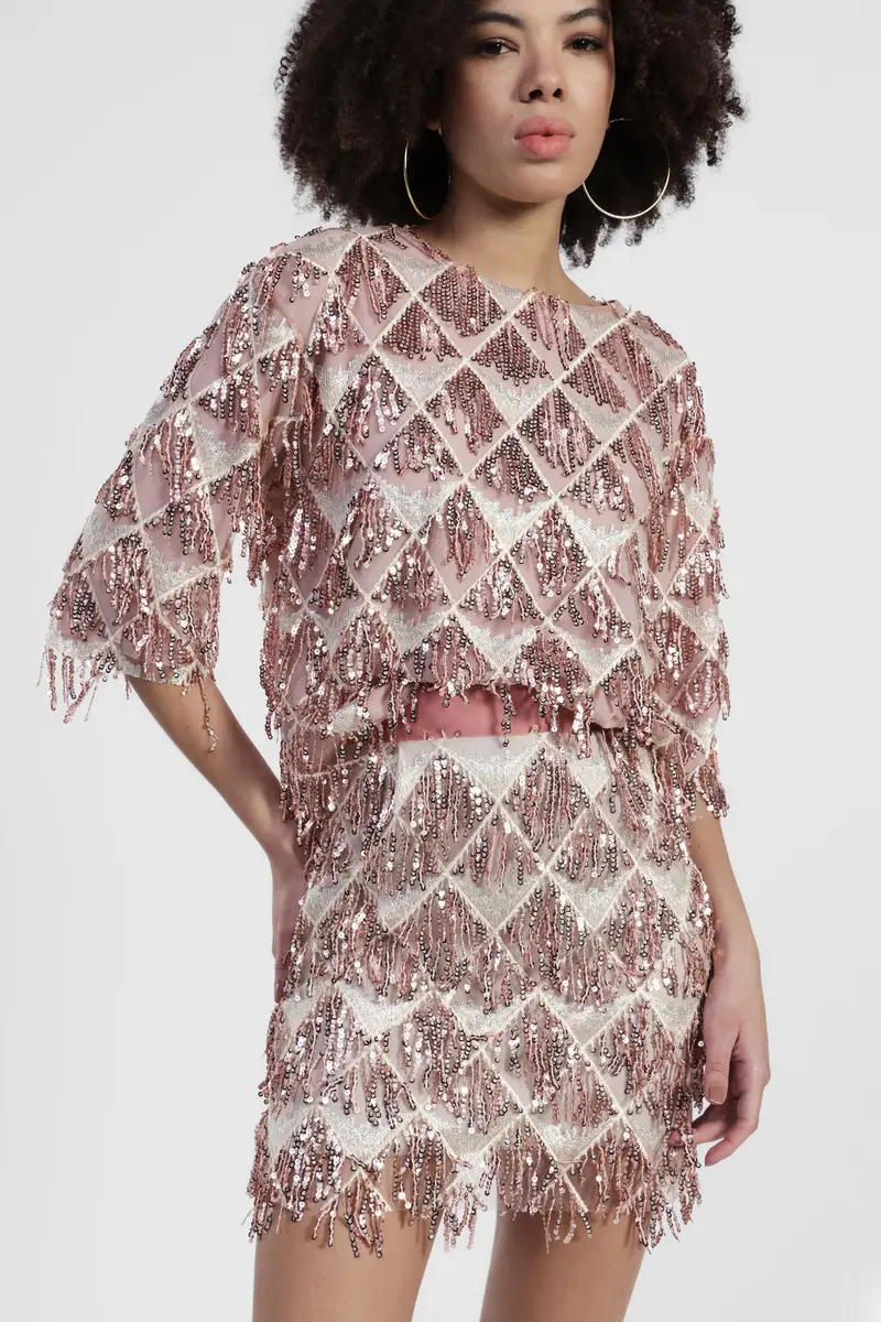 Gonna corta a vita alta con frange e paillettes miniatura 2