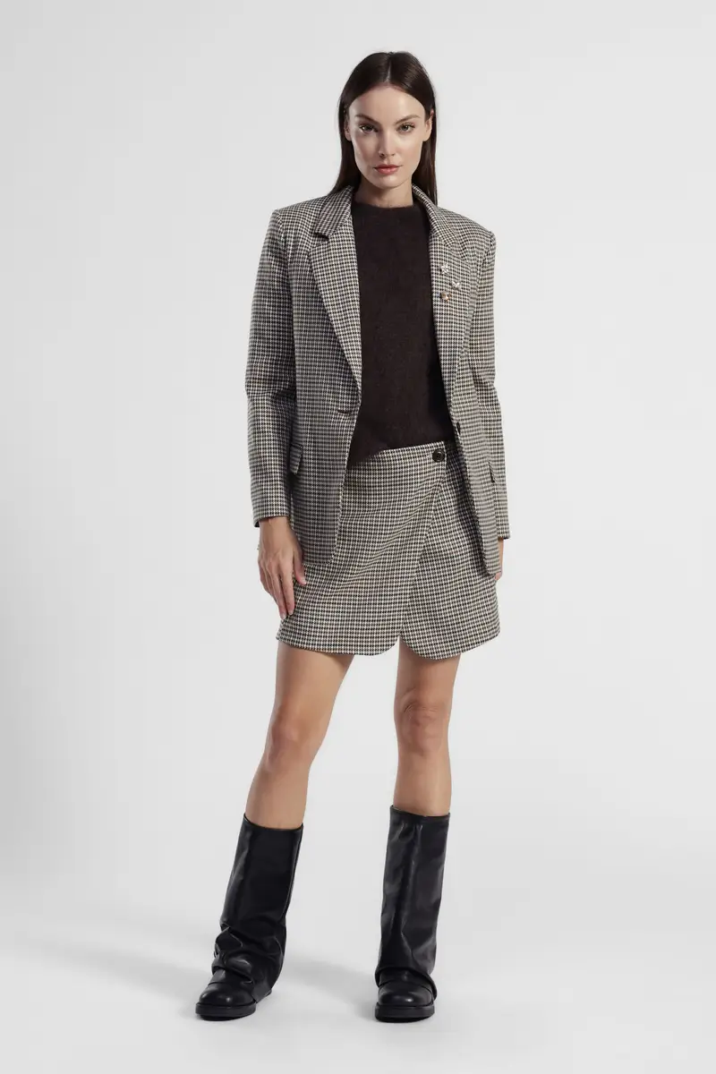 Gonna corta fantasia pied-de-poule vita alta miniatura 2