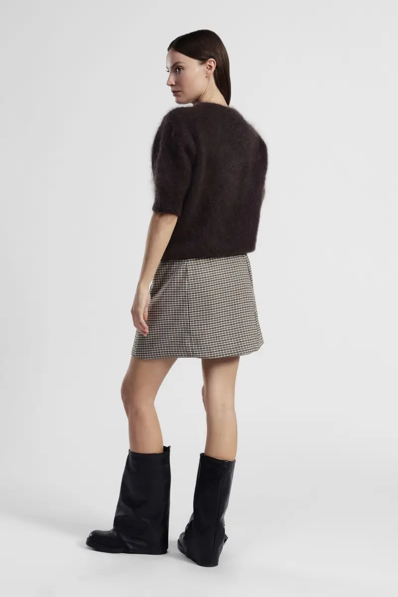 Gonna corta fantasia pied-de-poule vita alta miniatura 3