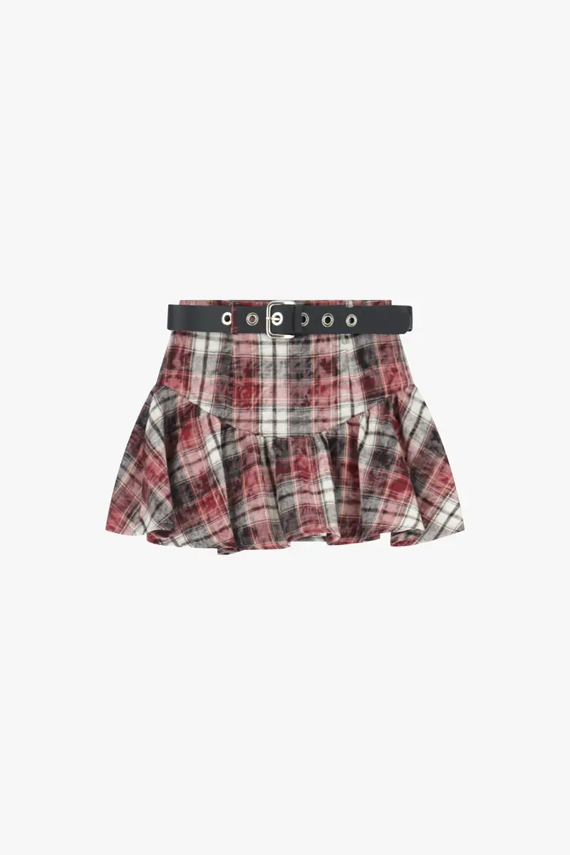 Gonna corta stampata con cintura e balza