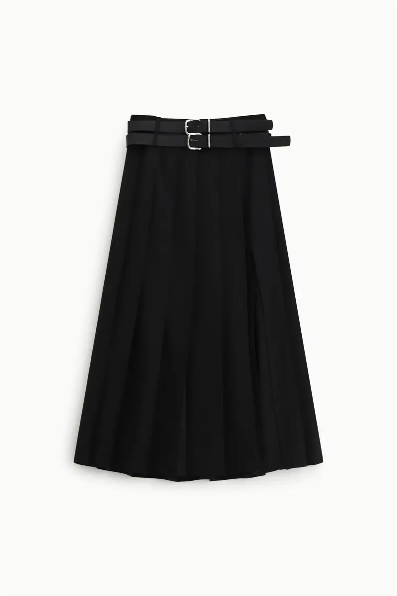 Gonna lunga a pieghe con doppia cintura