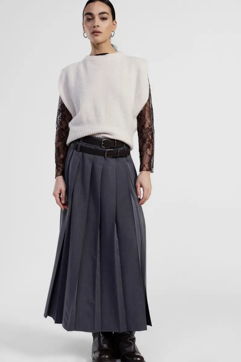 Gonna lunga a pieghe con doppia cintura miniatura 2