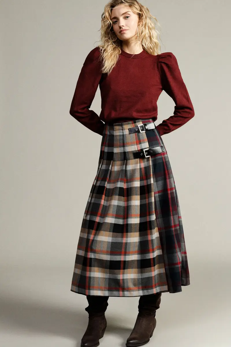 Gonna lunga a pieghe fantasia scozzese con fibbie miniatura 2