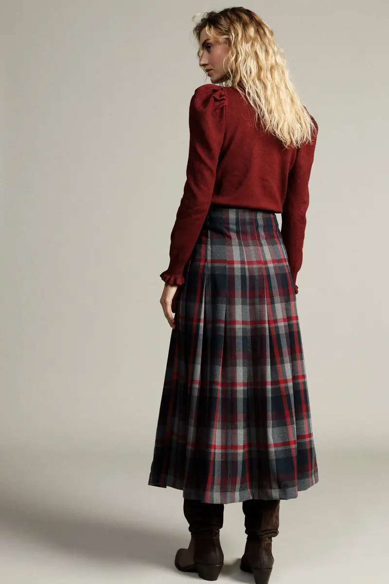 Gonna lunga a pieghe fantasia scozzese con fibbie miniatura 3