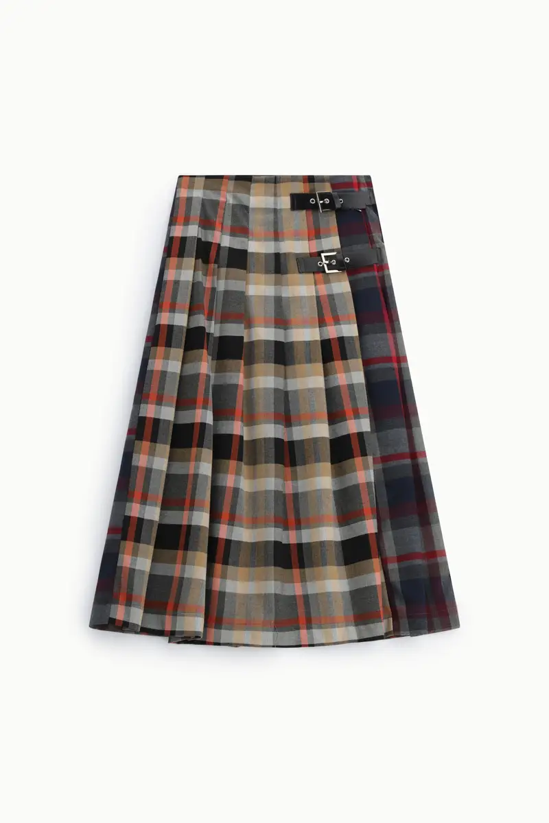Gonna lunga a pieghe fantasia scozzese con fibbie