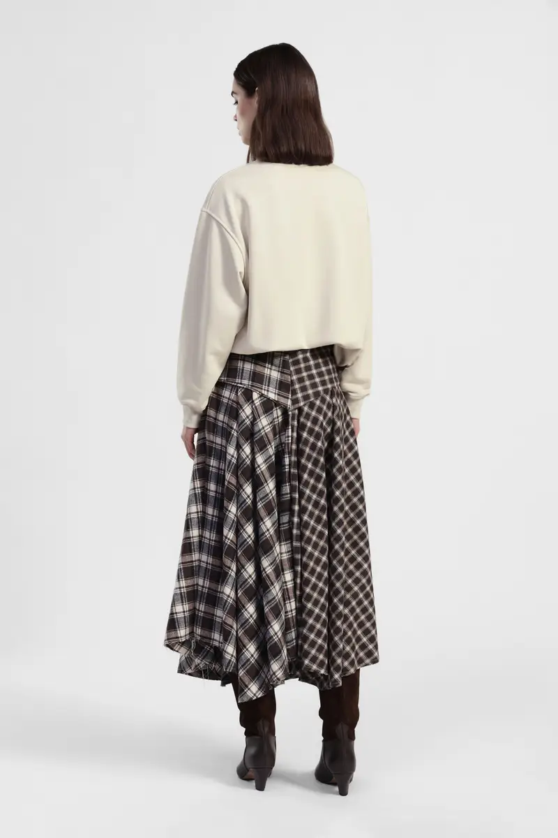 Gonna lunga a vita alta con motivo scozzese e cintura annodata miniatura 3