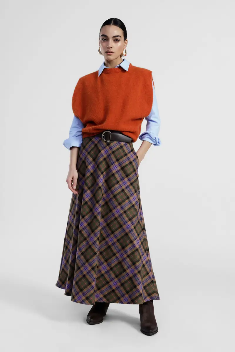 Gonna lunga a vita alta motivo tartan svasato miniatura 2